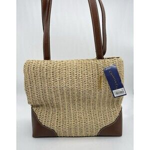 Charter Club Vintage Woven Straw Leather Trim Shoulder Tote Bag